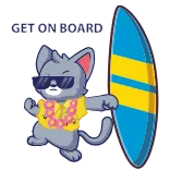 🛹 GET ON BOARD gato, tabla de surf, gafas de sol, camisa hawaiana, playa, surf, vacaciones, verano telegram sticker