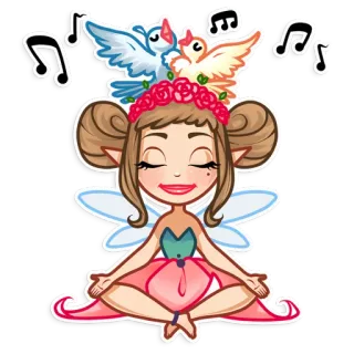 😌 hada, pájaros, notas musicales, meditación, dibujos animados, fantasía whatsapp sticker