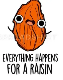 💭 EVERYTHING HAPPENS FOR A RAISIN Rosine, Wortspiel, Essen, Cartoon, Niedlich, Humor whatsapp sticker