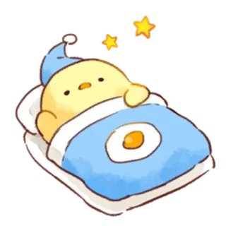 💛 นอนหลับ, ง่วง, ลูกเจี๊ยบ, นก, สัตว์, น่ารัก, การ์ตูน, เตียง, กลางคืน telegram sticker