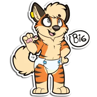 😁 Big furry, anthropomorphic, tiger, diaper, cute, cartoon, waving, big telegram sticker