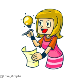 😃 cartoon, light bulb, idea, writing, woman, paper, pen telegram sticker