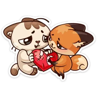 ❤ chat, renard, coeur, amour, dessin animé, autocollant, animaux telegram sticker