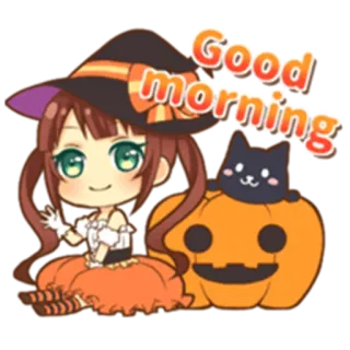 ✋ Good morning 할로윈, 호박, 좋은 아침, 마녀, 고양이, 귀여운, 애니메이션 telegram sticker