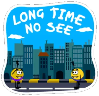 ❕ LONG TIME NO SEE salam, lama tak jumpa, persahabatan, pemandangan kota, kuning, kartun, ramah telegram sticker