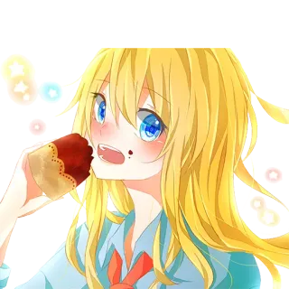😋 anime, ragazza, capelli biondi, mangiare, cupcake, carina, cartone animato telegram sticker