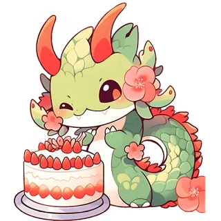 😀 Drache, niedlich, Cartoon, Kuchen, Erdbeere, Kawaii, Fantasy, Kreatur telegram sticker
