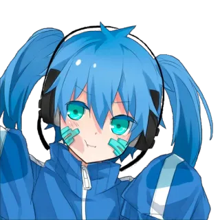 😮 Аниме, Милый, Наушники, Синие волосы, Наклейка telegram sticker