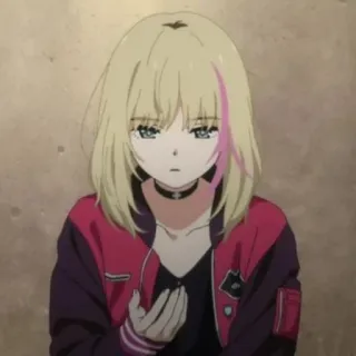 😕 ragazza anime, capelli biondi, ciocca rosa, giacca, choker, triste, sguardo basso telegram sticker