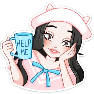 ☺️ HELP ME 소녀, 귀여운, 도움, 머그컵, 고양이 귀, 갈색 머리 telegram sticker