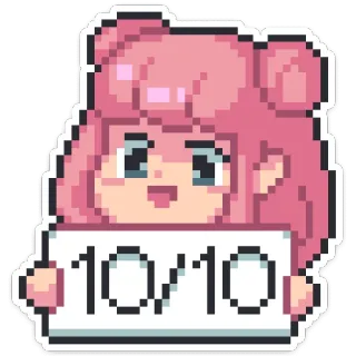 👍 10/10 Valutazione, Perfetto, Carino, Pixel art, Capelli rosa, Stile anime, Approvazione telegram sticker