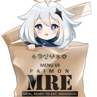 🍫 Paimon Genshin Impact MENU 69
PAIMON
MRE
MEAL, READY-TO-EAT, INDIVIDUAL 원신, 페이몬, MRE, 음식, 애니, 게임, 비상식량 telegram sticker