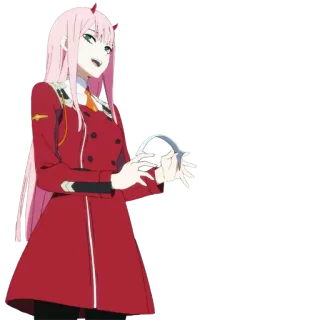 😏 Zero Two Darling in the Franxx anime, pink hair, red suit, horns, girl telegram sticker