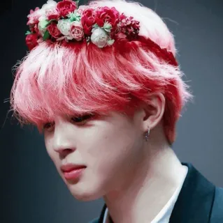 😊 Jimin Jimin, BTS, couronne de fleurs, K-pop, Idole, cheveux roses, coréen, chanteur telegram sticker