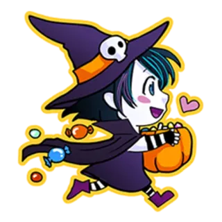 😀 sorcière, halloween, bonbon, mignon, dessin animé, fille, violet, orange telegram sticker