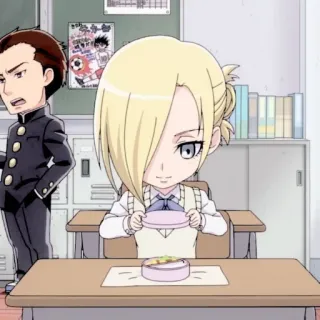 🧺 Annie Leonhart Attack on Titan Anime, Ataque dos Titãs, Personagem, Comendo, Lancheira telegram sticker