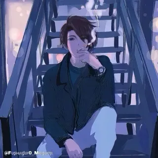 🚬 fumando, cigarrillo, anime, chico, escaleras, persona whatsapp sticker