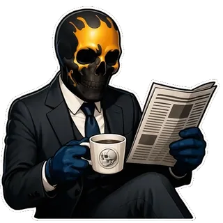 🥱 หัวกะโหลก, โครงกระดูก, นักธุรกิจ, สูท, กาแฟ, หนังสือพิมพ์ telegram sticker