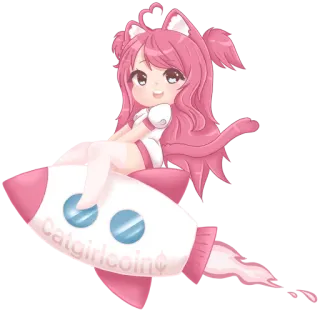 🚀 Catgirlcoin Anime, Catgirl, Roket, Merah Muda, Cryptocurrency, Meme telegram sticker
