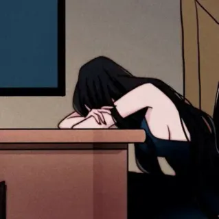 🔸 sad, tired, exhausted, woman, desk, anime telegram sticker