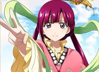 ✌ Morgiana Magi: The Labyrinth of Magic animé, Morgiana, Magi, souriant, signe de paix, bâton whatsapp sticker