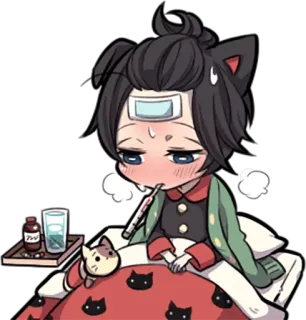 🤒 krank, erkältet, anime, cartoon, medizin, thermometer, fieber, kopfschmerzen telegram sticker
