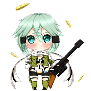 🔫 Sinon Sword Art Online anime, chibi, sniper rifle, character, green hair, sword art online, sinon whatsapp sticker