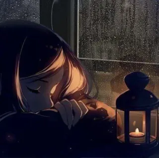🖤 Anime, Ragazza, Pioggia, Finestra, Lanterna, Triste, Emozionale, Candela telegram sticker