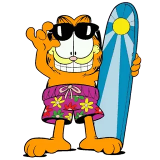 🏄‍♀️ Garfield cat, cartoon, beach, surfboard, sunglasses, summer whatsapp sticker