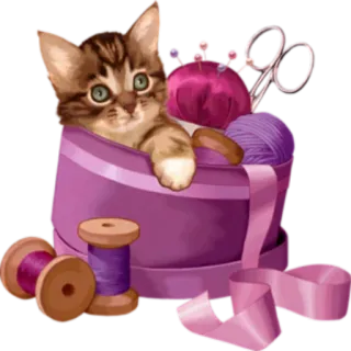 😶 kucing, anak kucing, menjahit, kerajinan, benang, gunting, bantalan jarum, gulungan telegram sticker
