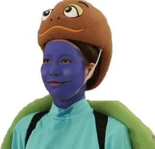 🙂 strój żółwia, niebieska twarz, czapka zwierzęca, cosplay, dziecko telegram sticker