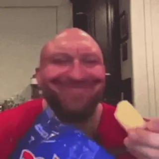 π person, chips, food, snack, red shirt, bald head, eating telegram sticker
