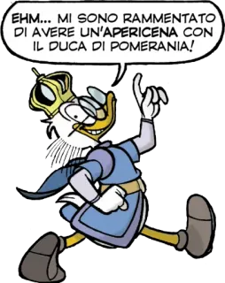 😬 EHM... MI SONO RAMMENTATO DI AVERE UN'APERICENA CON IL DUCA DI POMERANIA! canard, dessin animé, roi, couronne, duc, Poméranie, apéritif telegram sticker