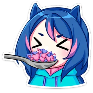 🥰 애니메이션 소녀, 고양이 귀, 하트, 먹는, 귀여운, 카와이, 만화, 파란 머리 telegram sticker