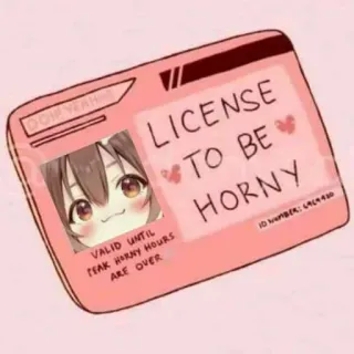 ➖ LICENSE TO BE HORNY
VALID UNTIL PEAK HORNY HOURS ARE OVER Licencia, Humor, Anime, Meme, Divertido telegram sticker