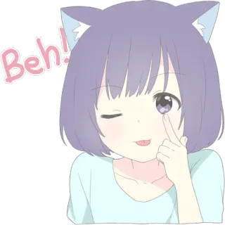 😉 Beh! anime, kattenoren, schattig, knipoog, tong, meisje, kawaii telegram sticker
