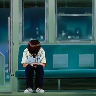 😔 Shinji Ikari Neon Genesis Evangelion anime, triste, chico, tren, solo, depresión telegram sticker