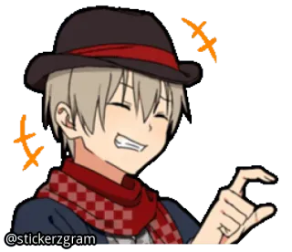 😋 @stickerzgram Anime, Dibujos animados, Personaje, Ilustración, Pegatina, Sombrero, Bufanda, Sonrisa telegram sticker