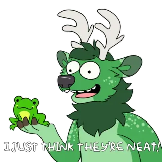 🐸 I JUST THINK THEY'RE NEAT! Мультфильм, Животное, Олень, Лягушка, Милый, Зеленый, Причудливый telegram sticker