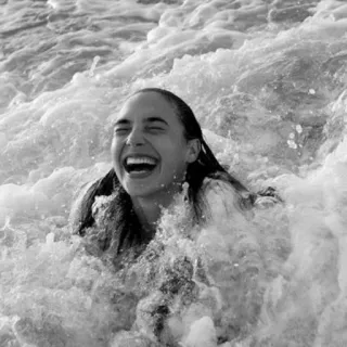 😂 woman, water, swimming, laughing, joy, black and white, portrait telegram sticker