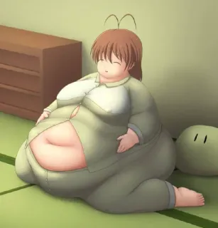 😳 sovrappeso, pigiama, femminile, cartone animato, seduto telegram sticker