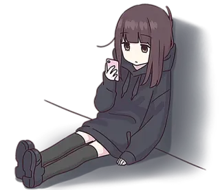 😖 anime girl, chibi, hoodie, phone, sitting, relaxing telegram sticker