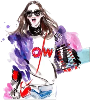😄 OW mulher, moda, estilo, ilustração, aquarela, vestido, óculos de sol whatsapp sticker