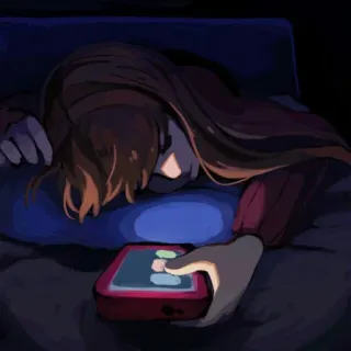 😪 นอน, โทรศัพท์, เตียง, ผู้หญิง, กลางคืน, เทคโนโลยี telegram sticker