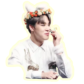 🌹 Jimin K-pop, chanteur, idol, lapin, couronne de fleurs, mignon, Jimin telegram sticker