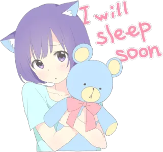 😪 I will sleep soon аниме девушка, сонная, кошачьи ушки, плюшевый мишка, милая, мультфильм whatsapp sticker