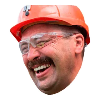 😷 inżynier, pracownik budowlany, pomarańczowy kask, okulary ochronne, wąsy, uśmiechnięta twarz telegram sticker