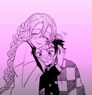🥰 Tanjiro Kamado Demon Slayer 애니메이션, 귀멸의 칼날, 카마도 탄지로, 칸로지 미츠리, 포옹, 팬아트 whatsapp sticker