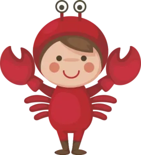 🥳 kepiting, kostum, anak, hewan, makhluk laut, merah, kartun, ilustrasi telegram sticker