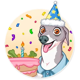 🥳 สุนัข, วันเกิด, ปาร์ตี้, งานเฉลิมฉลอง, เค้ก, กระดาษสี, การ์ตูน whatsapp sticker